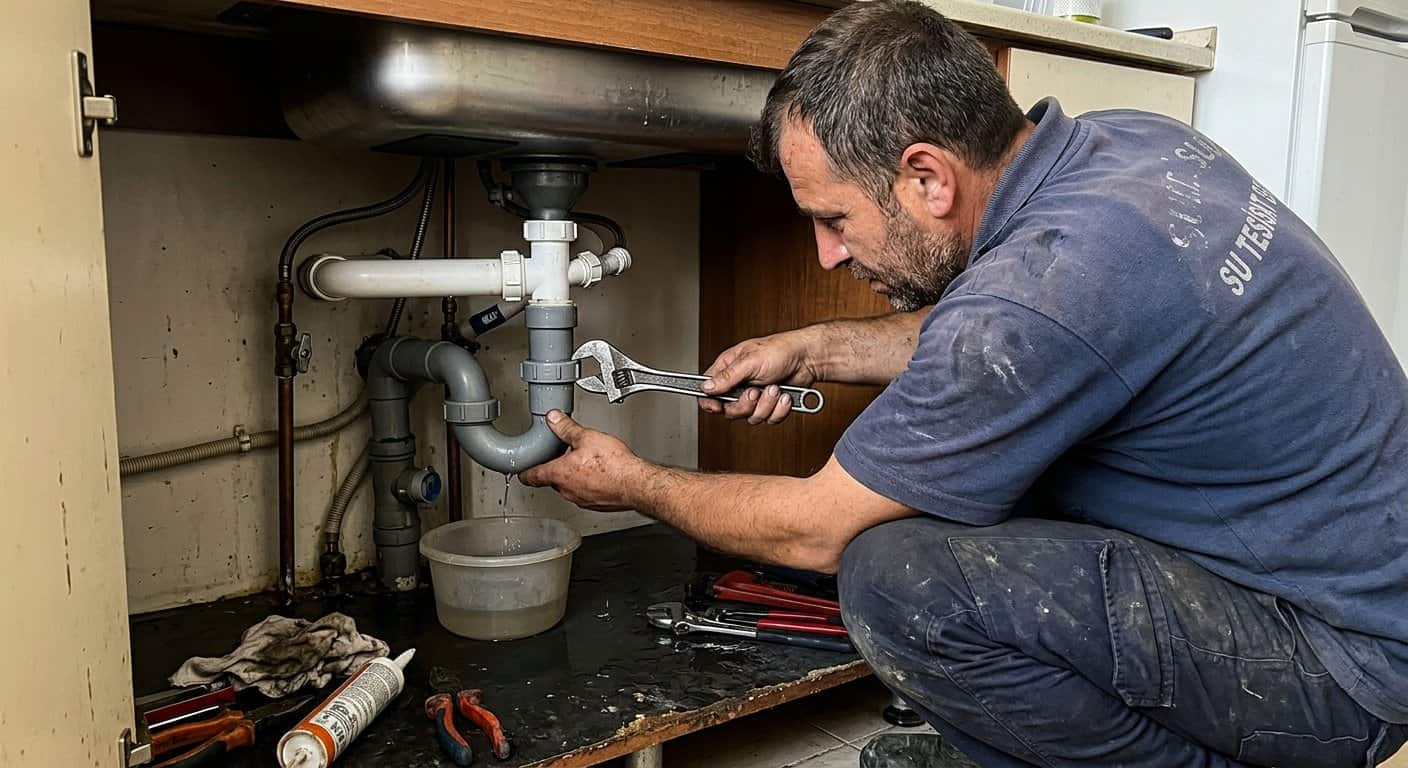 Gider borusu kontrolü yapan tesisat ustası
